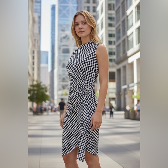 Michael Kors XXS Checkered Ruched Sheath DressStud DetailStretch Knit